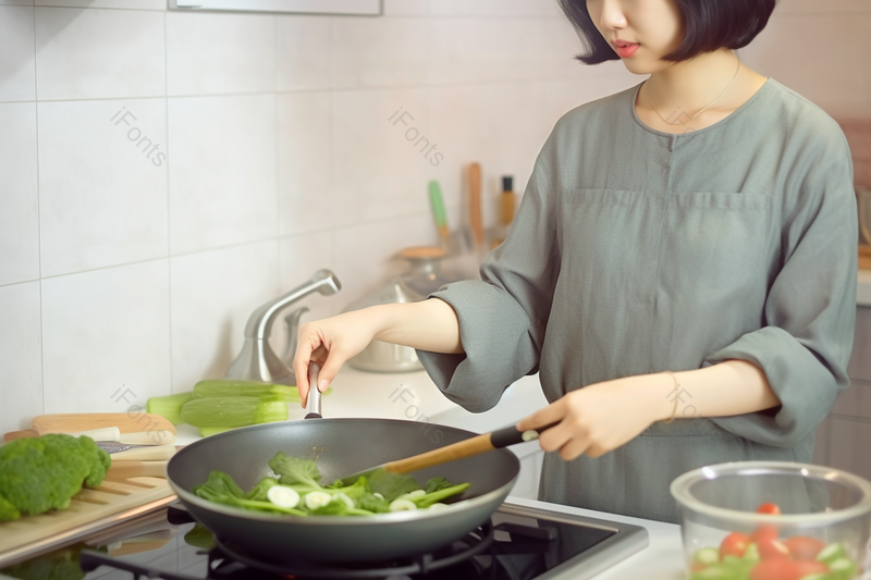 中年短发家庭主妇在厨房炒菜做饭的形象,高清,摄影图,摄影图片,图片大全,摄影图免费下载